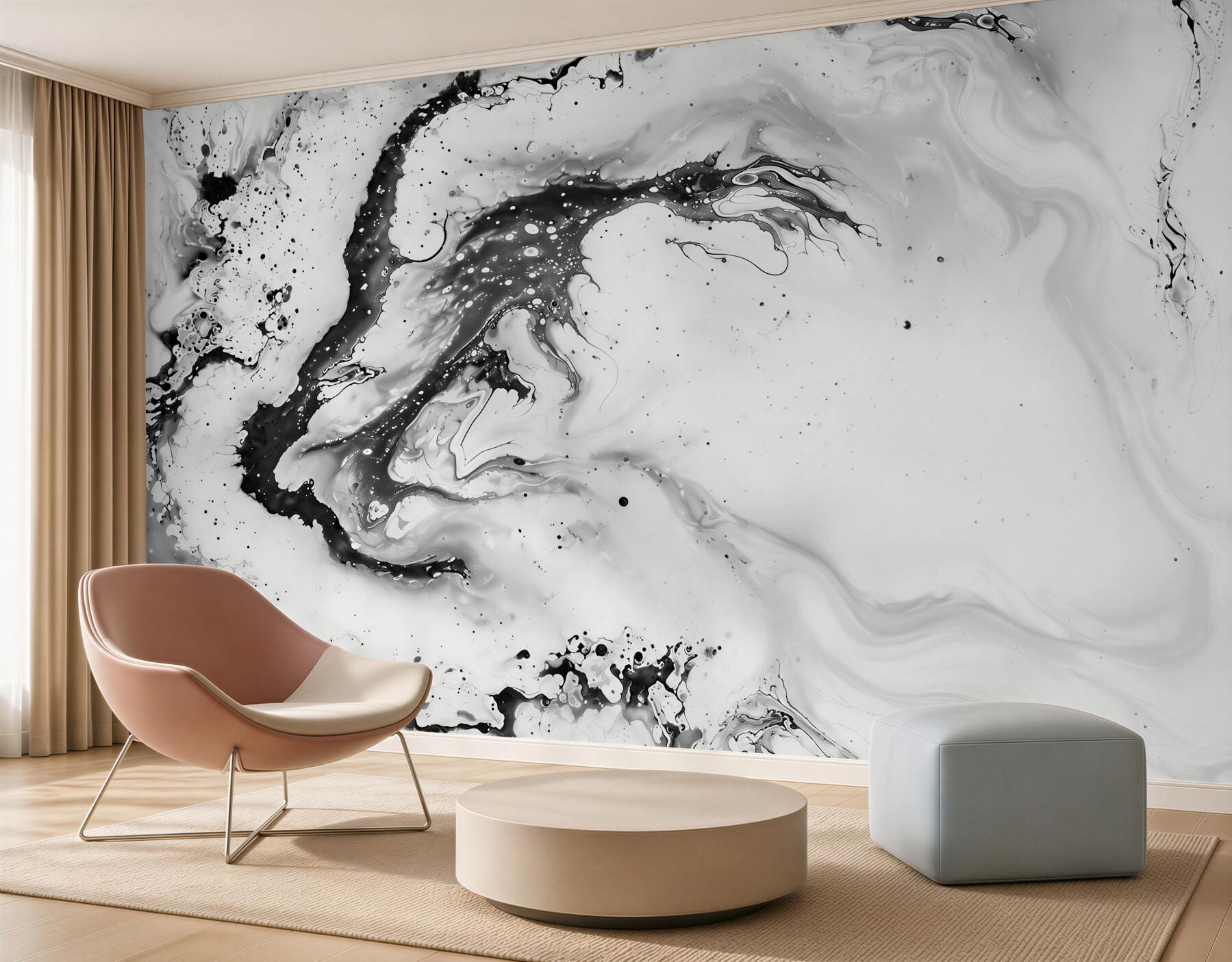 Papier peint marbre blanc-beige avec une veine grise et des accents dorés