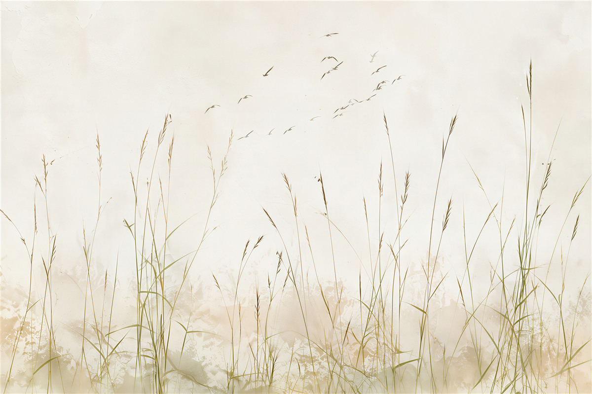 Papier peint herbes de dunes et oiseaux dans un ciel beige paisible