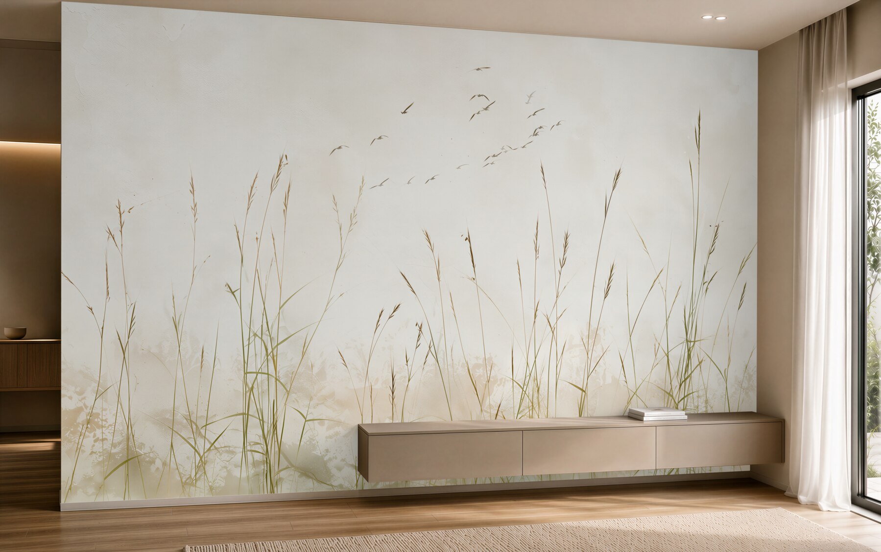 Papier peint herbes de dunes et oiseaux dans un ciel beige paisible