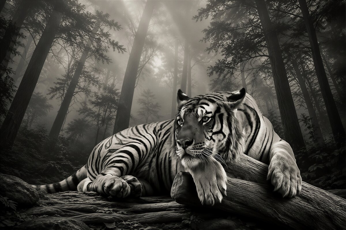 Papier peint tigre dans la brume forestière décoration d'ambiance pour le salon ou le bureau