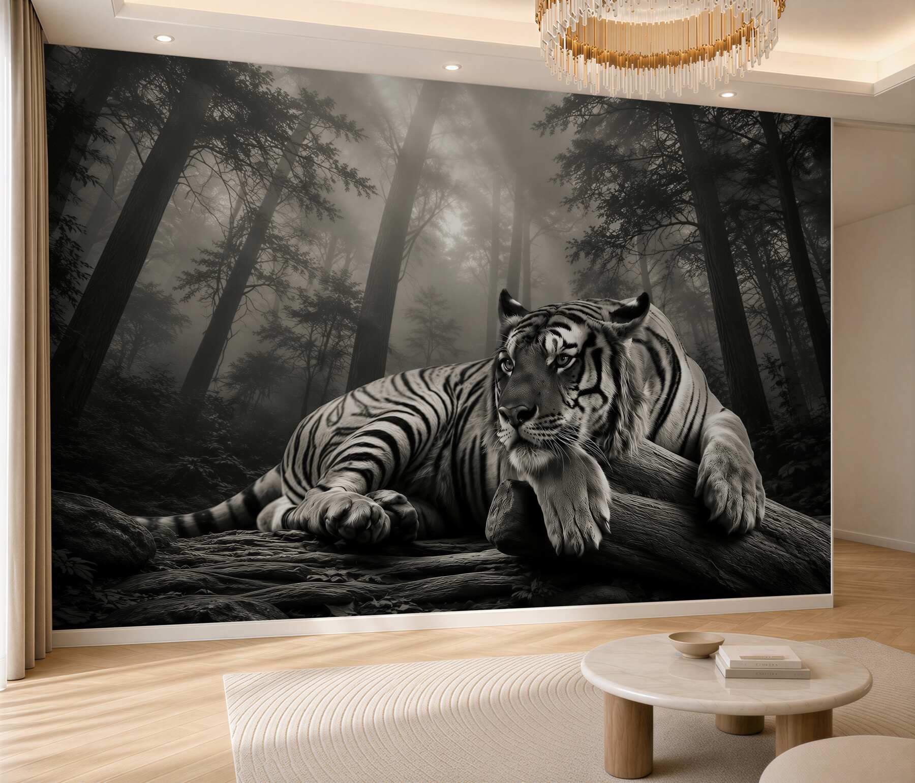 Papier peint tigre dans la brume forestière décoration d'ambiance pour le salon ou le bureau