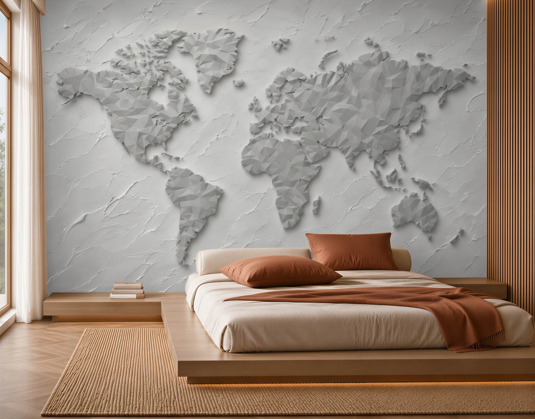 Papier peint carte du monde 3D géométrique beige pour bureau moderne