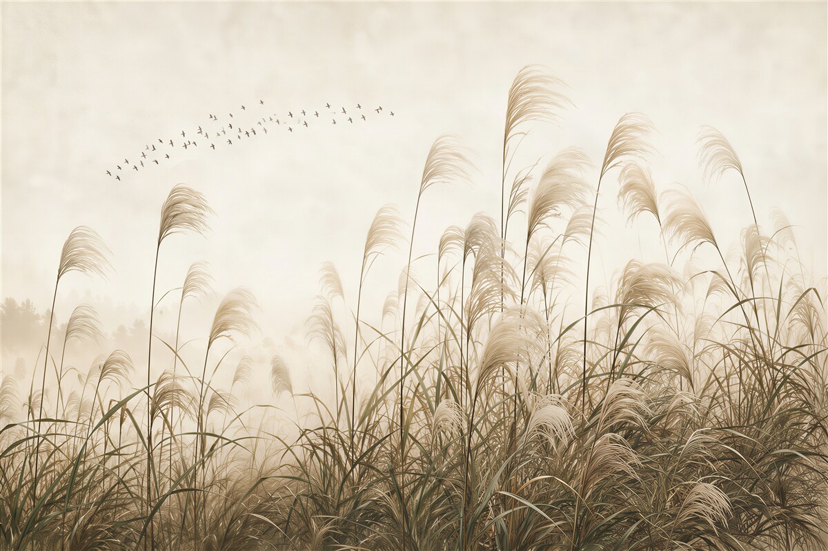 Papier peint herbes de la pampa beiges avec des oiseaux volant calme pour la chambre