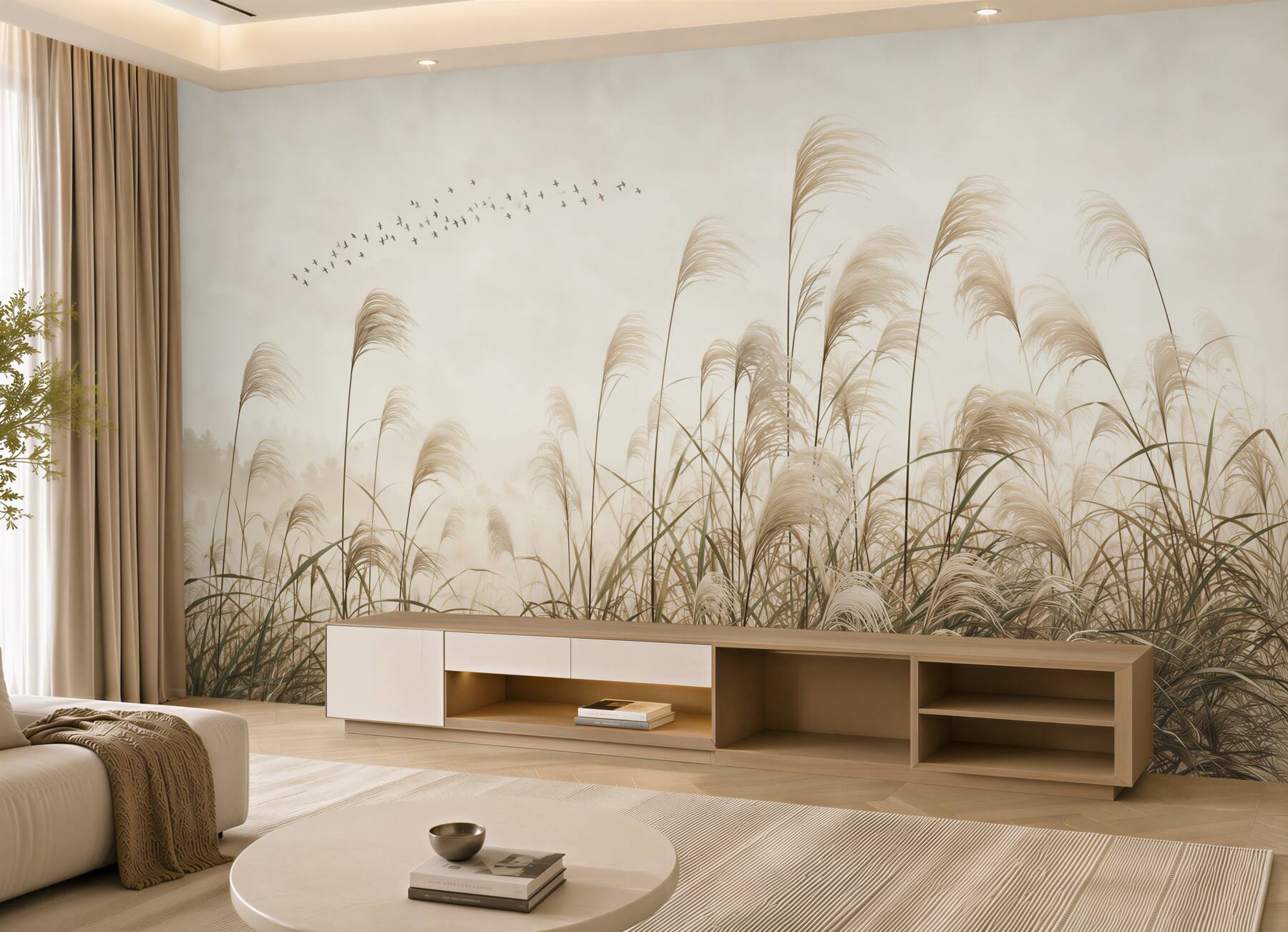 Papier peint herbes de la pampa beiges avec des oiseaux volant calme pour la chambre