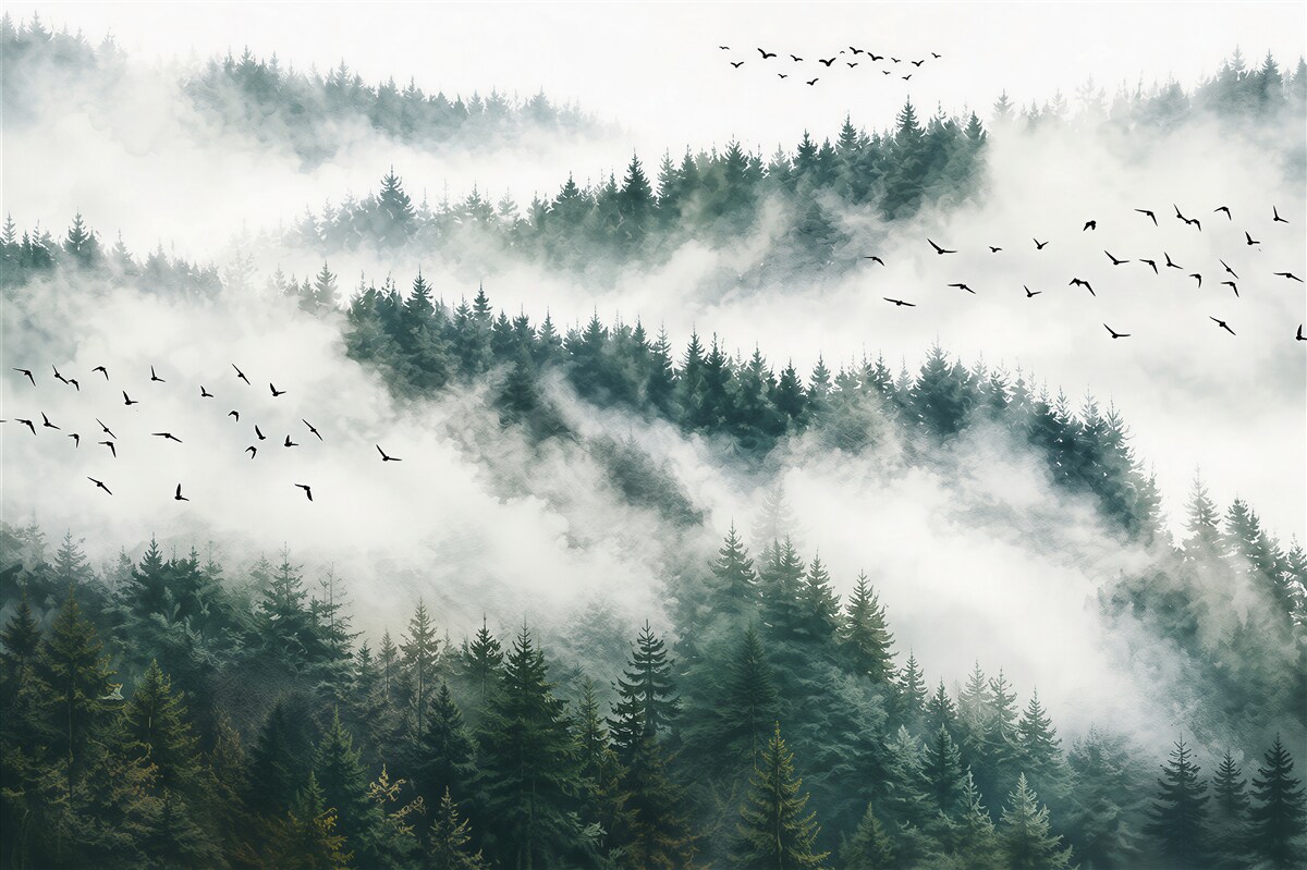 Papier peint forêt de montagne dans la brume avec des oiseaux paysage paisible