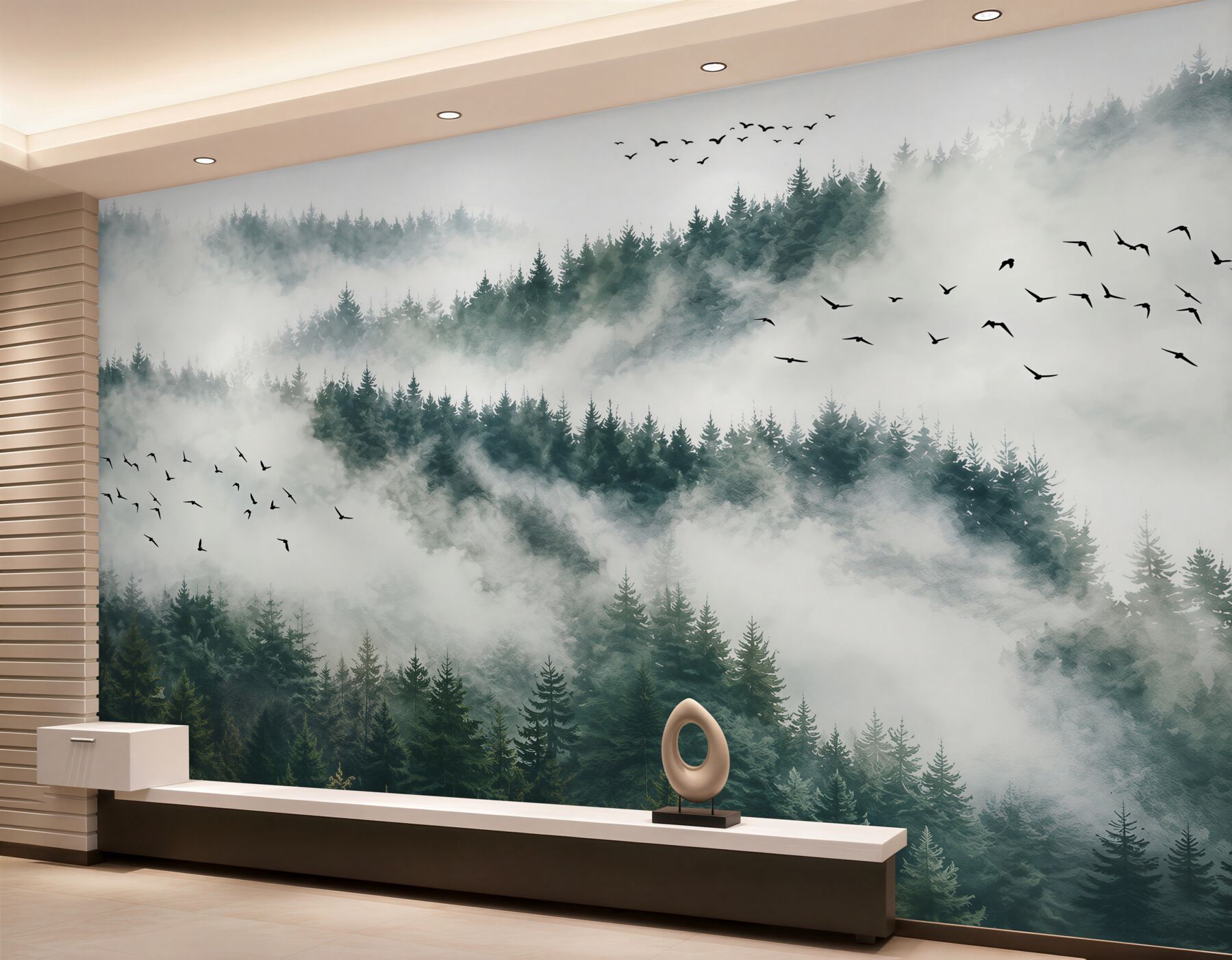 Papier peint forêt de montagne dans la brume avec des oiseaux paysage paisible