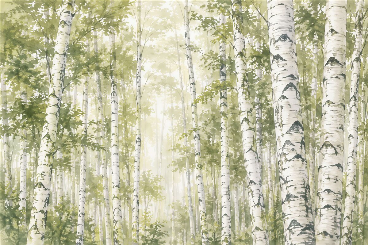 Papier peint forêt de bouleaux dans la brume avec un sentier paysage naturel paisible