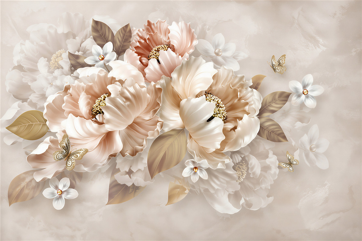 Papier peint fleurs de pivoine beige avec papillon élégant pour la chambre