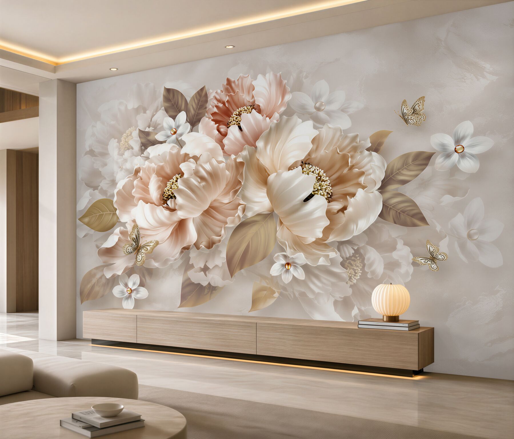 Papier peint fleurs de pivoine beige avec papillon élégant pour la chambre