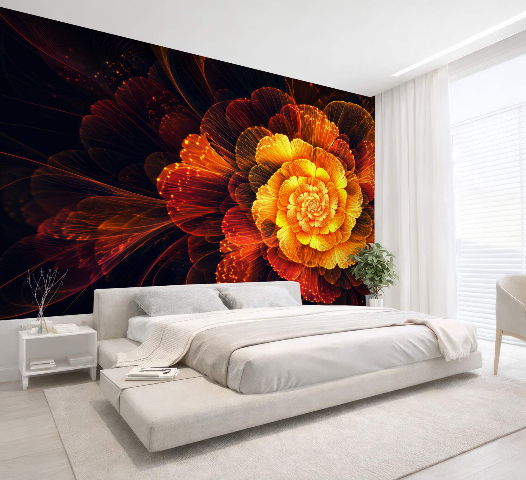 Papier peint fleur de pivoine orange lumineuse sur fond beige