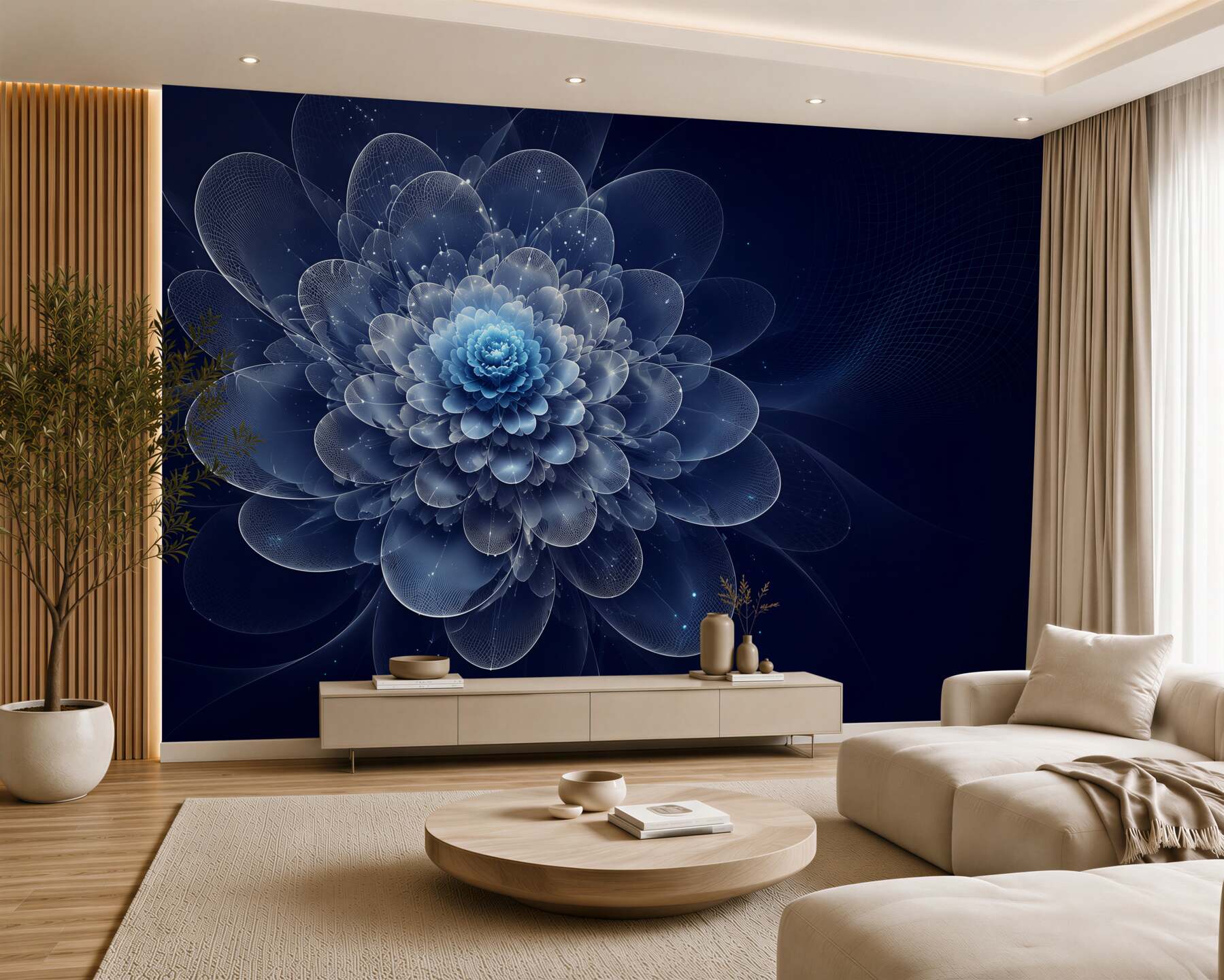 Papier peint fleur bleu et blanc abstraite avec douce lueur