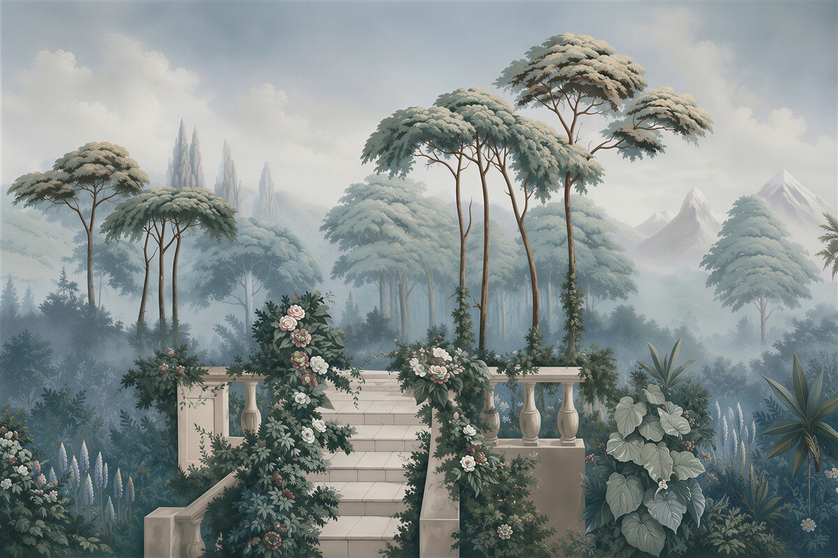 Papier peint terrasse avec vue sur les montagnes et le jardin élégante pastel