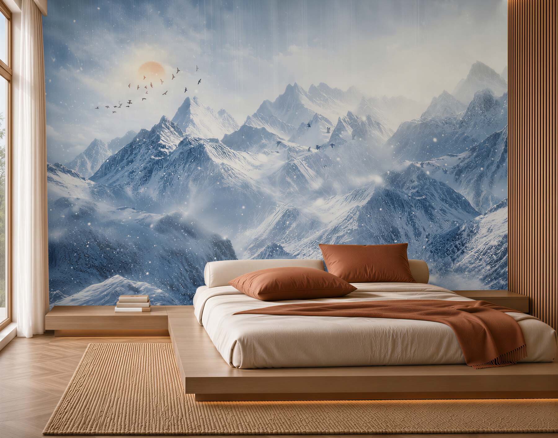 Papier peint montagnes enneigées dans la brume avec des oiseaux à l'aube
