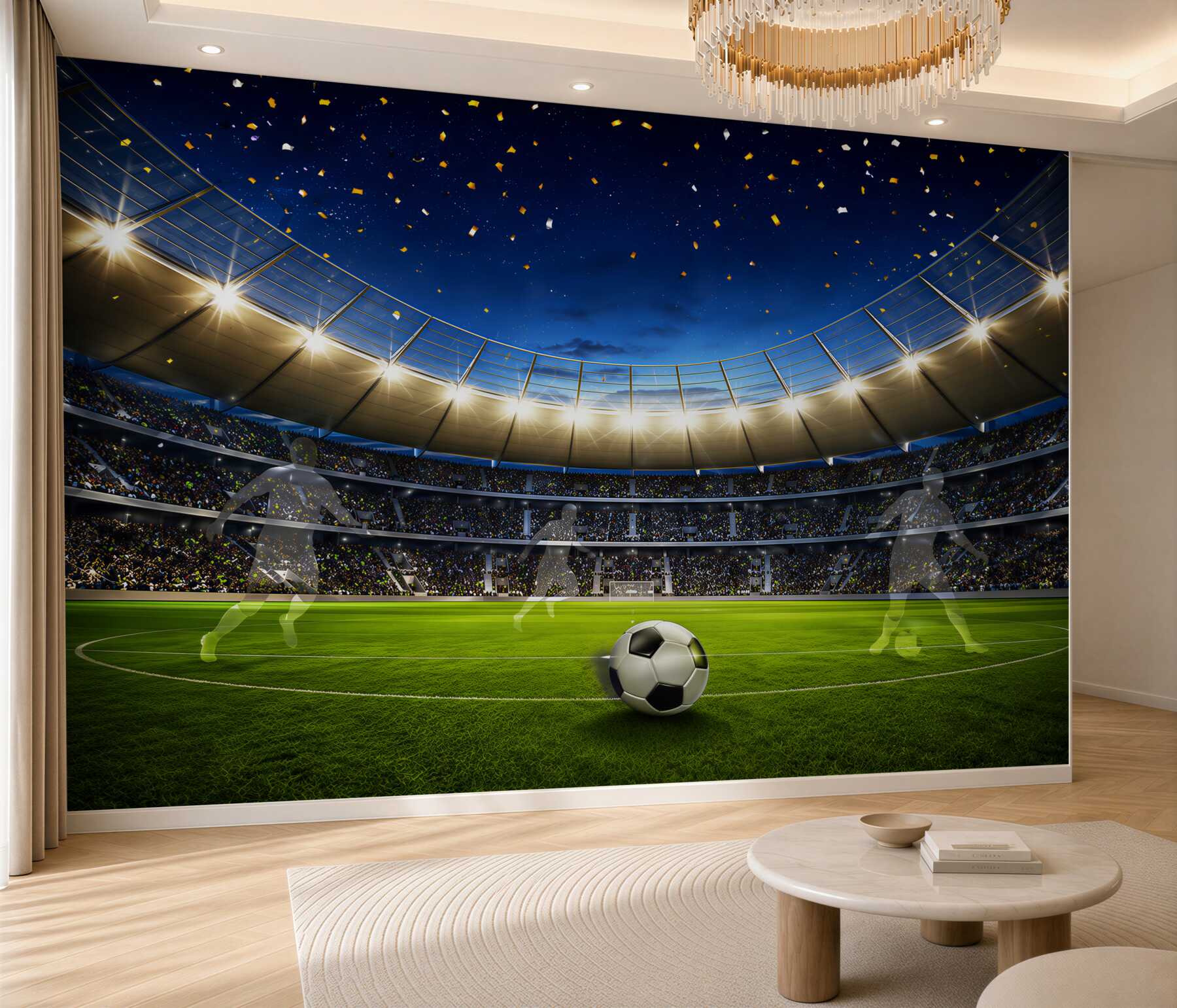 Papier peint stade de football avec un ballon au coucher de soleil pour la chambre d'un fan de football