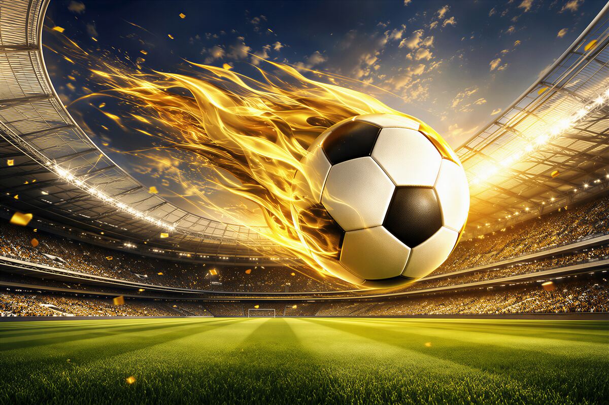 Papier peint ballon de football en feu dynamique beige et doré pour la chambre d'un fan de sport