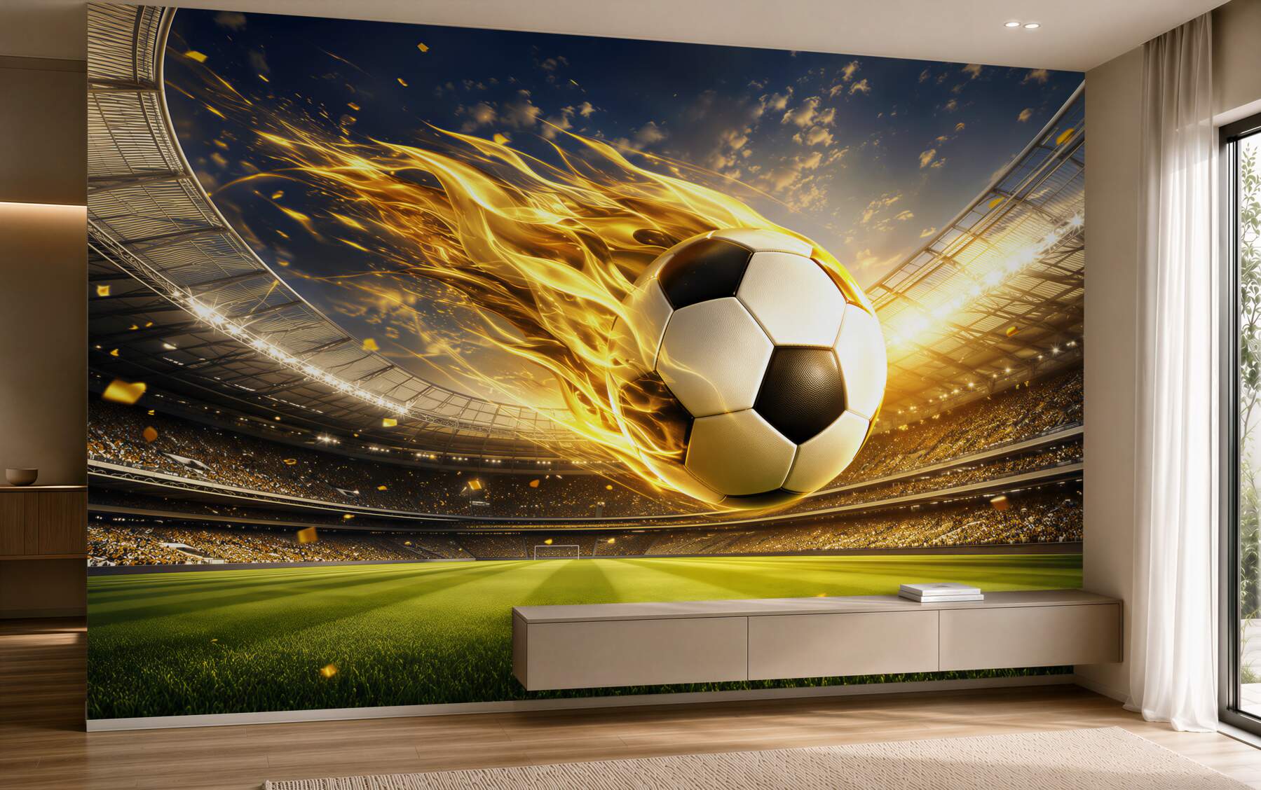 Papier peint ballon de football en feu dynamique beige et doré pour la chambre d'un fan de sport