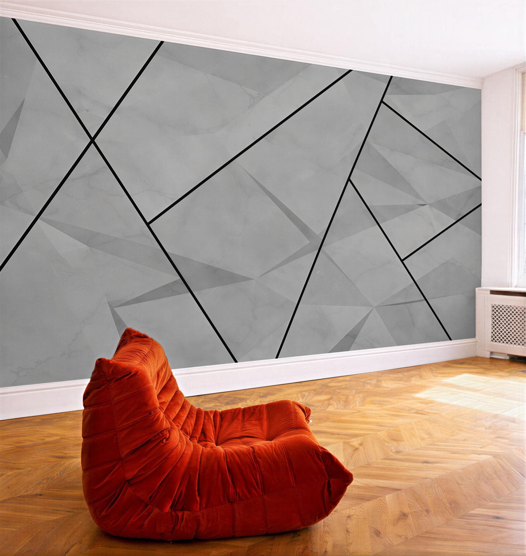 Papier peint marbre beige géométrique avec des lignes dorées moderne