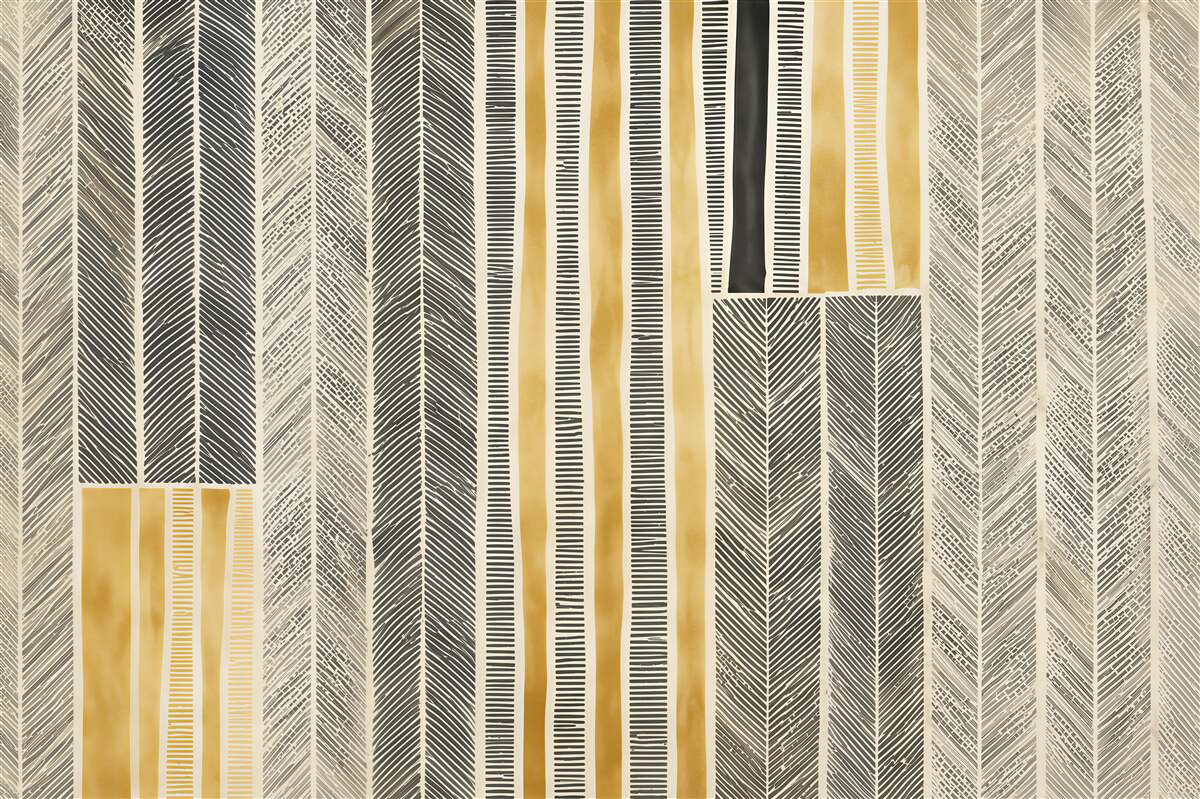 Papier peint plumes géométriques en bandes verticales beige et doré moderne