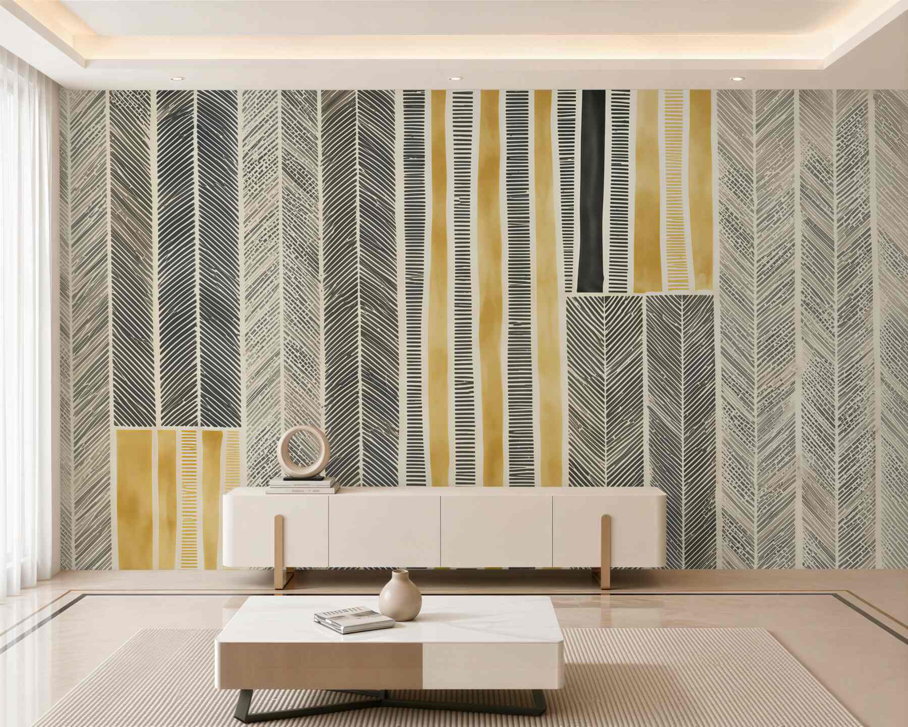 Papier peint plumes géométriques en bandes verticales beige et doré moderne