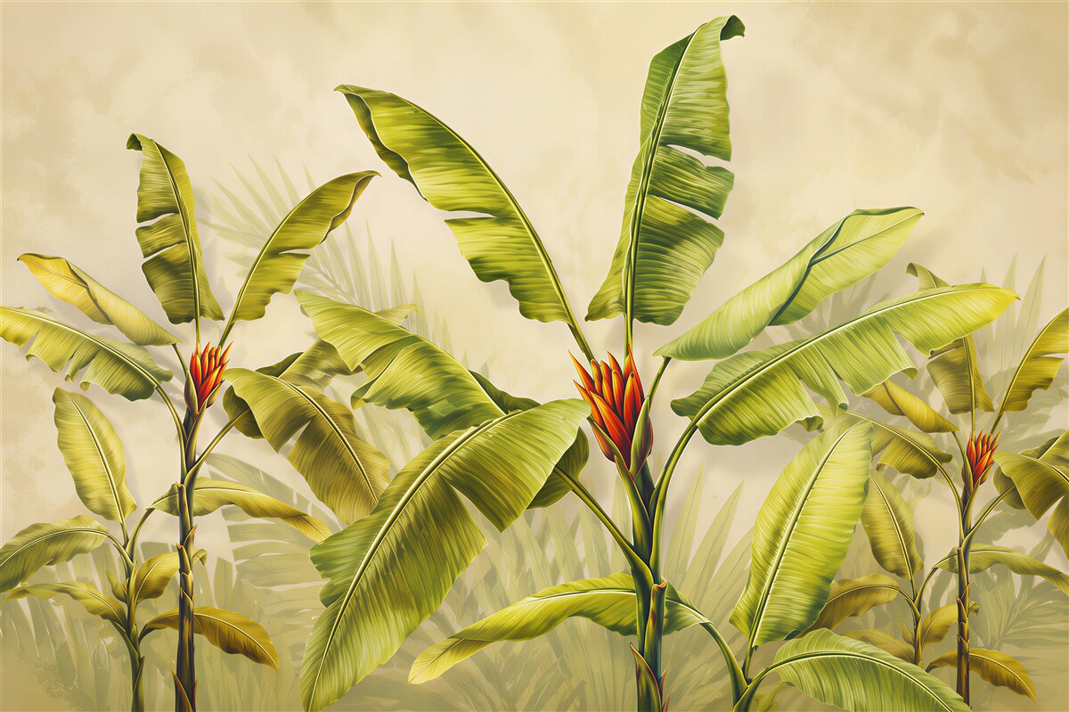 Papier peint feuilles de bananier beige-vert tropicales pour un intérieur paisible