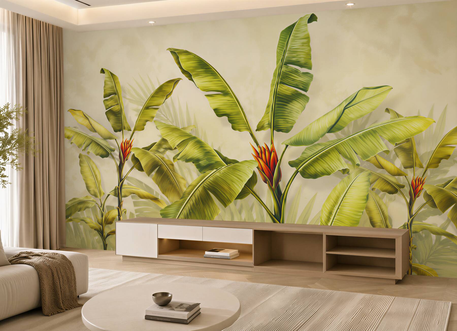 Papier peint feuilles de bananier beige-vert tropicales pour un intérieur paisible