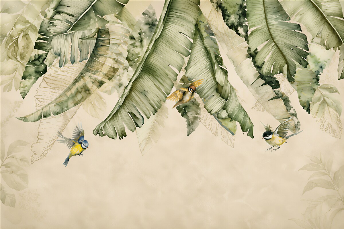 Papier peint feuilles de bananier avec des oiseaux beige-vert tropical