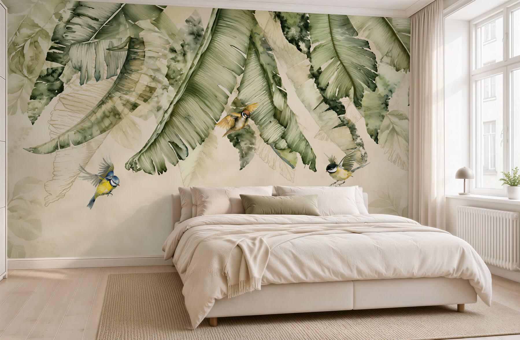 Papier peint feuilles de bananier avec des oiseaux beige-vert tropical