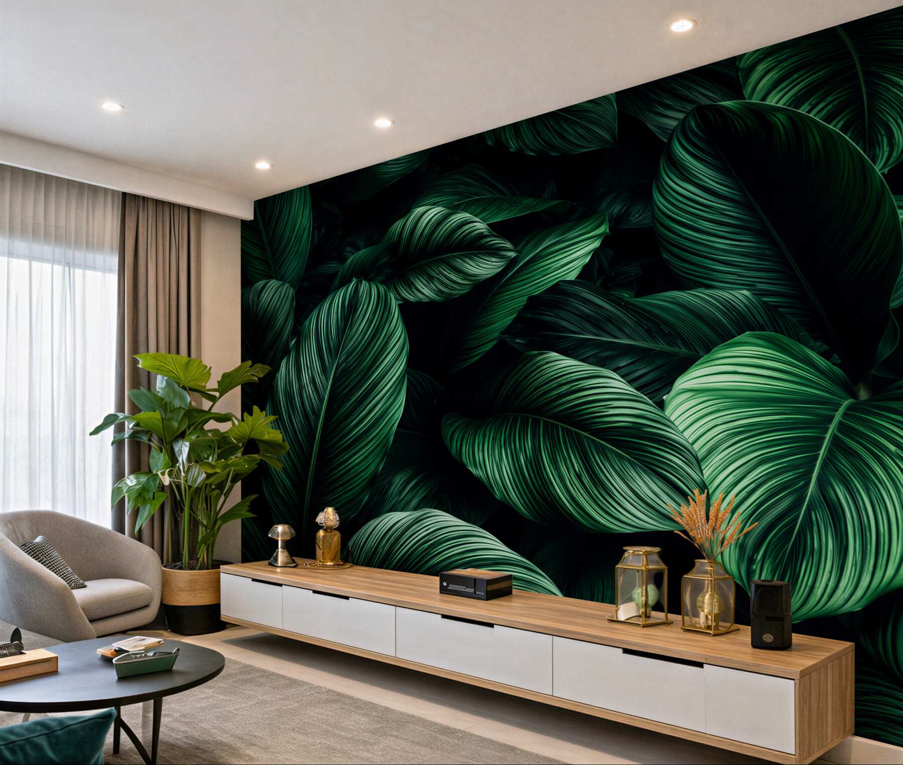 Papier peint feuilles tropicales vert foncé