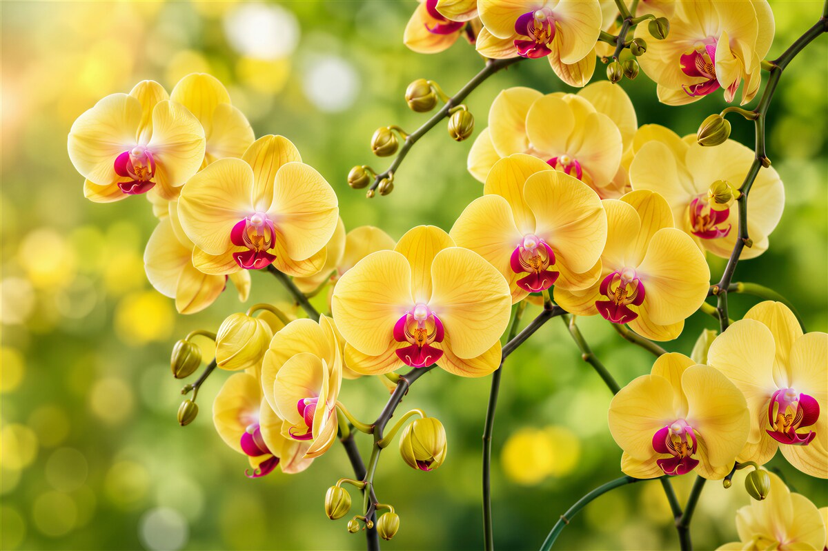 Papier peint orchidées jaunes dans un jardin d'été