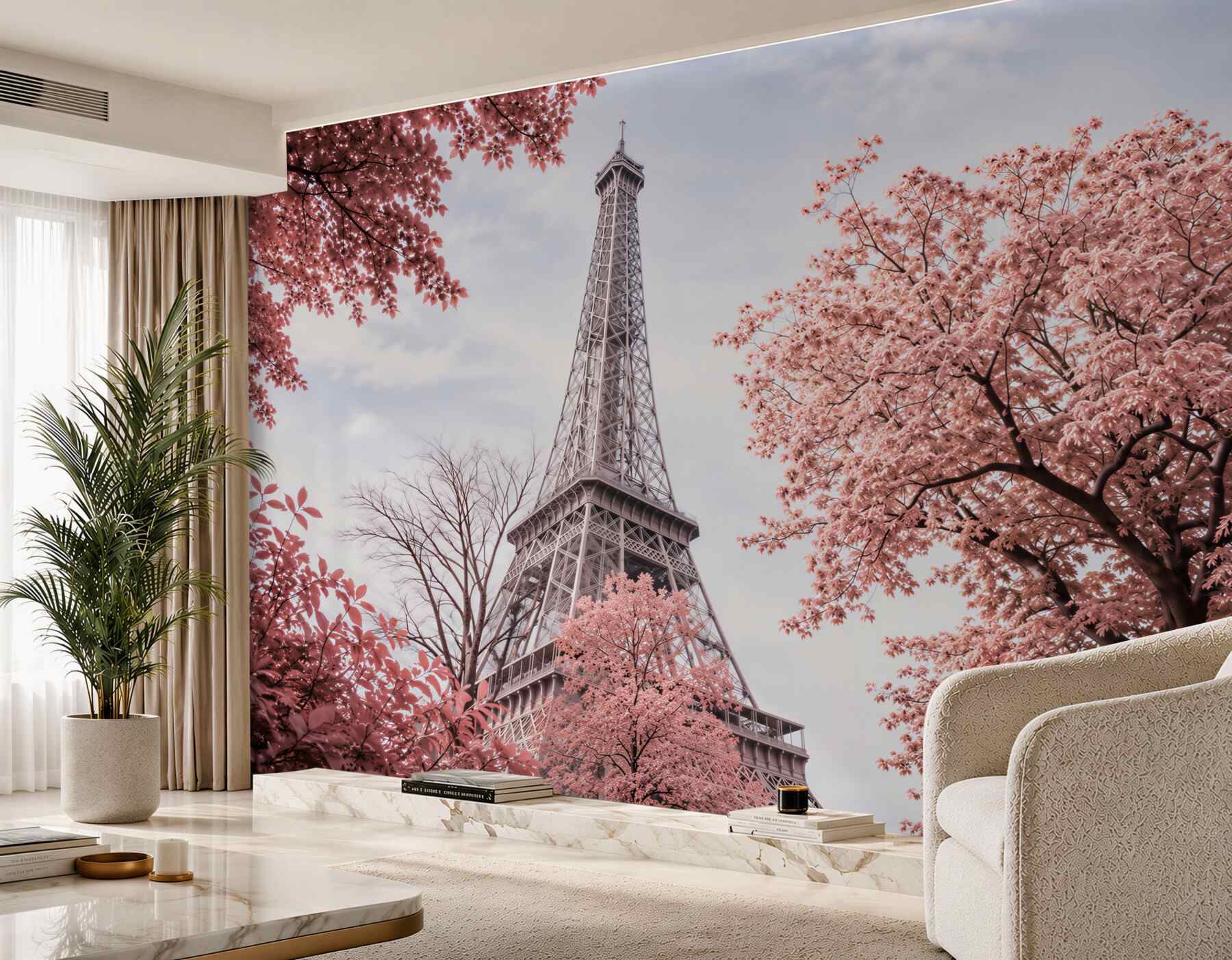 Papier peint fleurs de cerisier devant la tour Eiffel