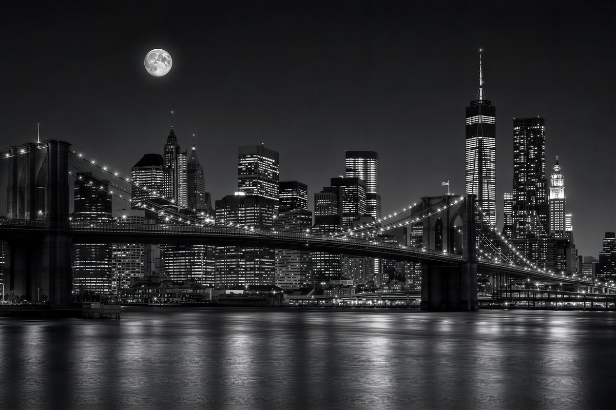Papier peint pleine lune au-dessus de New York en noir et blanc