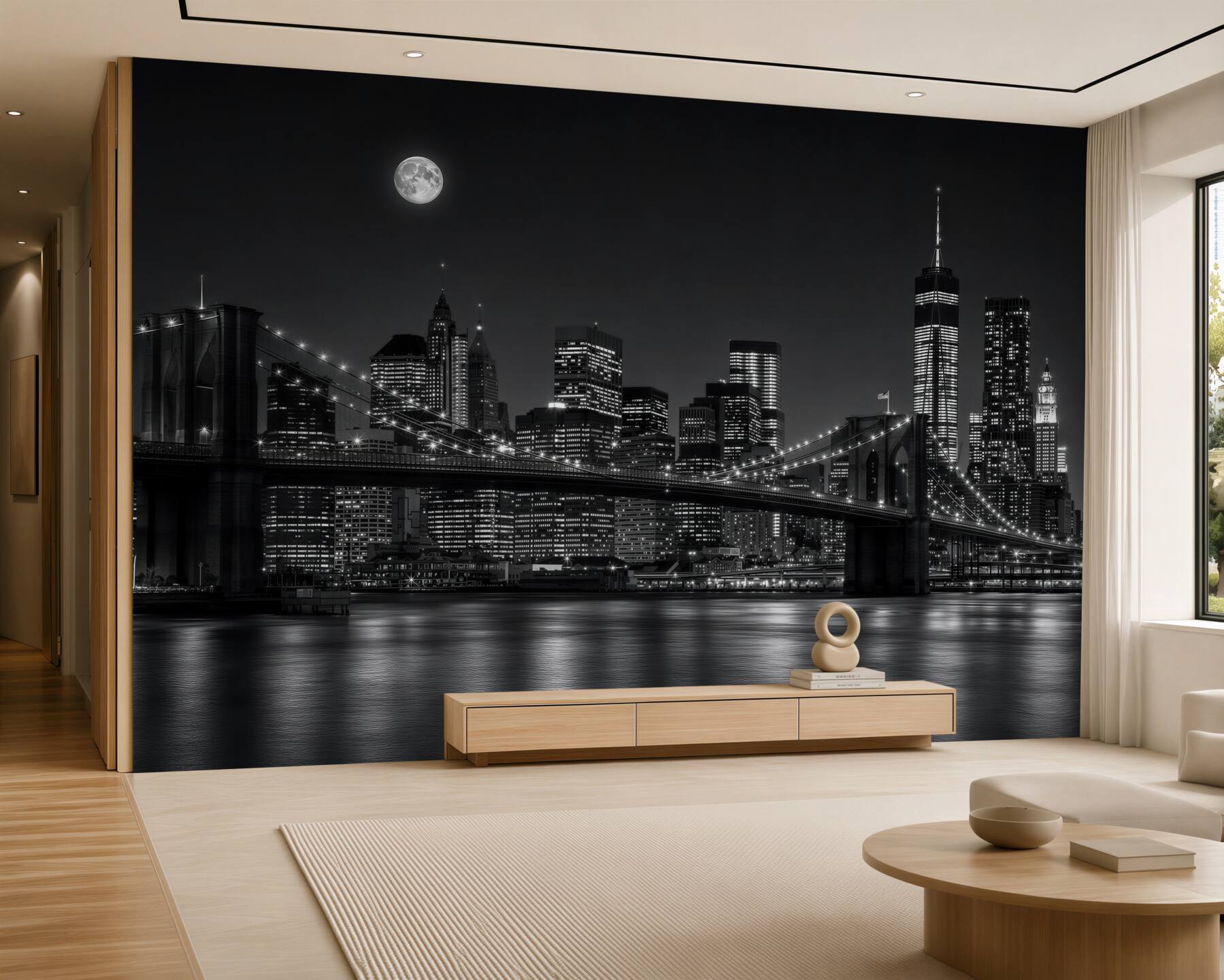 Papier peint pleine lune au-dessus de New York en noir et blanc
