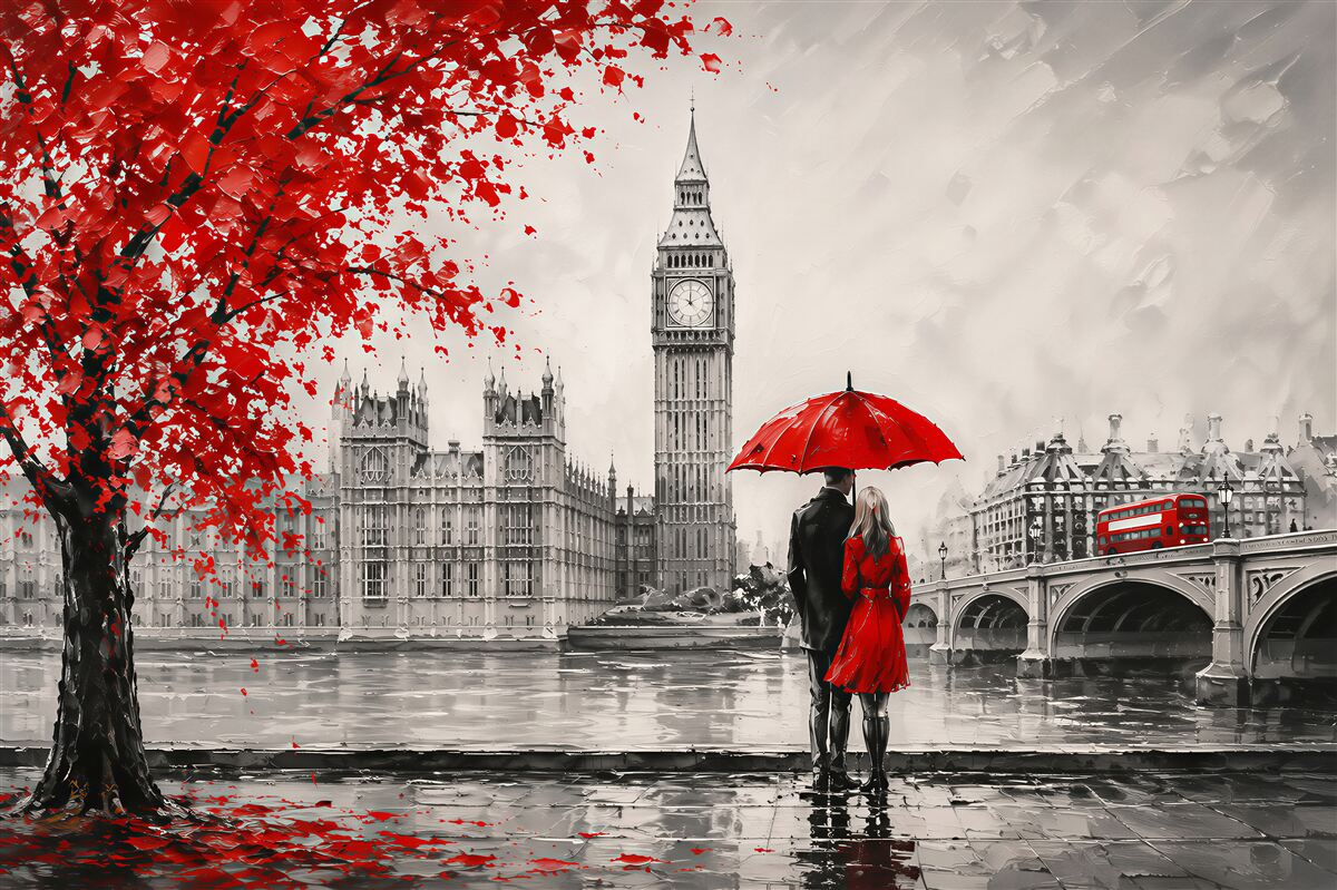 Papier peint coppia sotto un ombrello rosso, guardando Big Ben