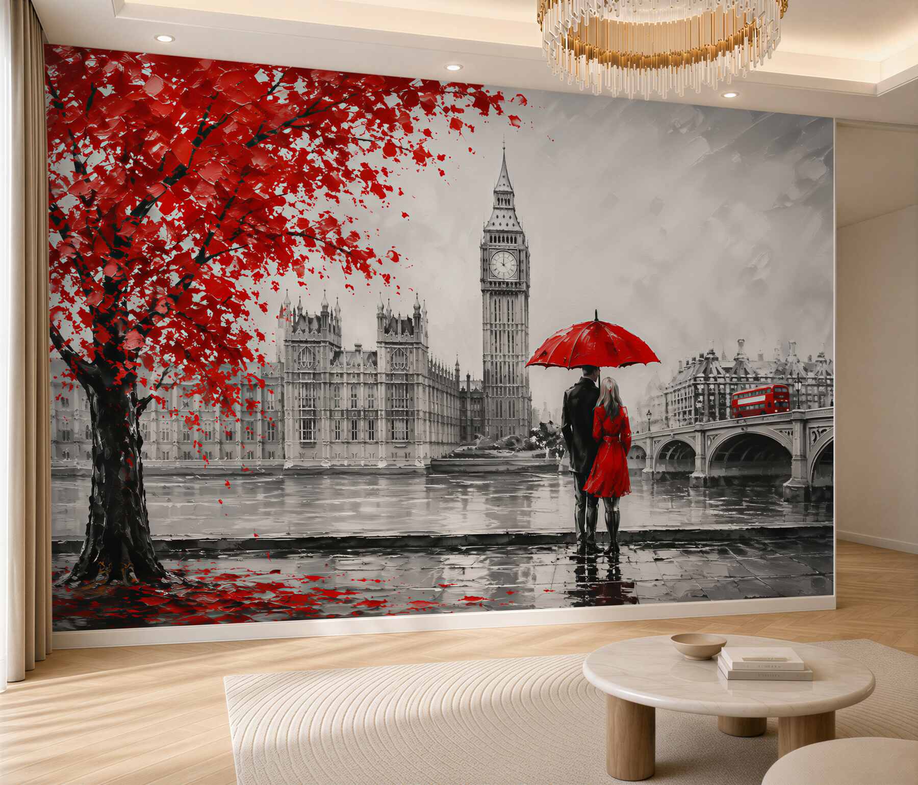 Papier peint coppia sotto un ombrello rosso, guardando Big Ben