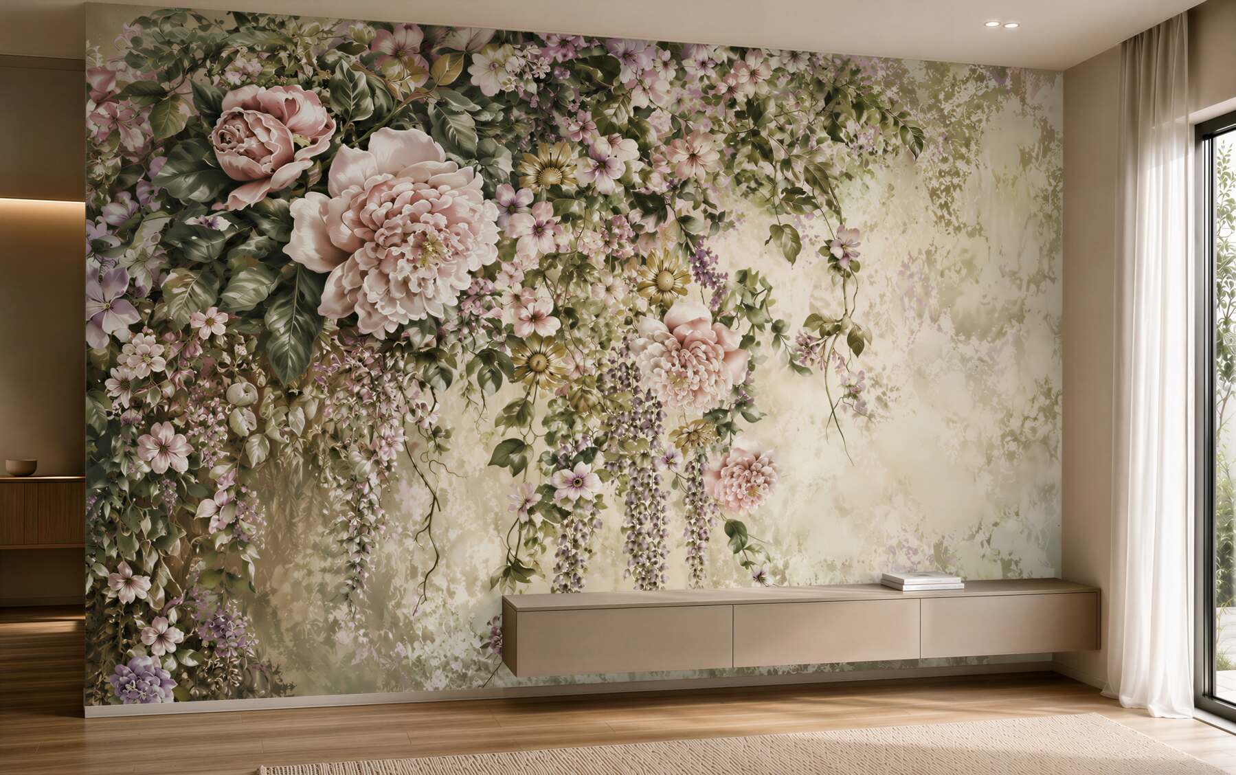 Papier peint de nombreuses fleurs printanières avec du vert