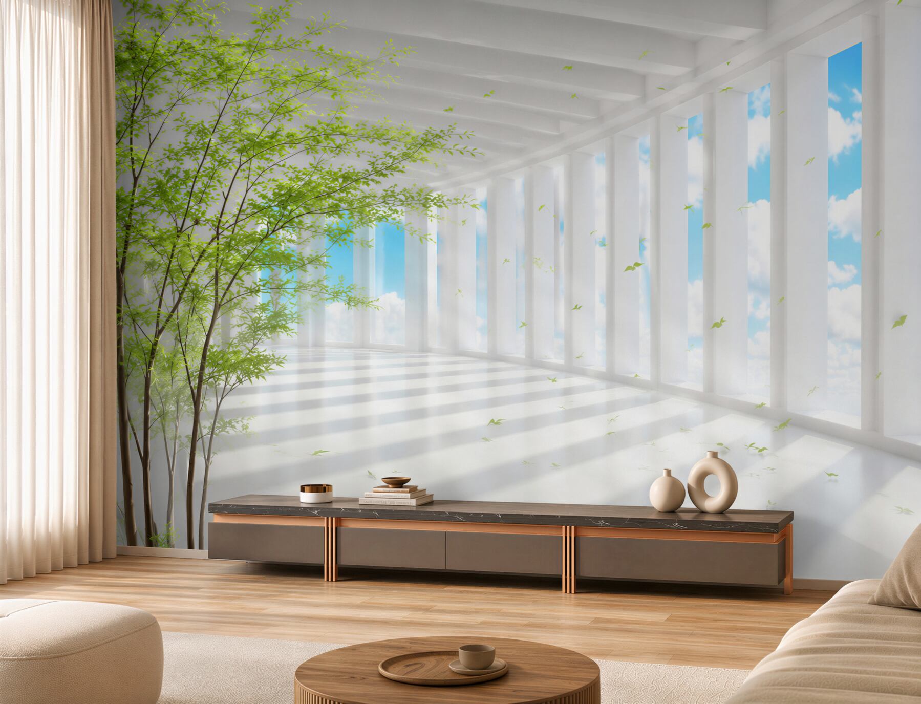 Papier peint terrasse luxueuse avec rayons de soleil