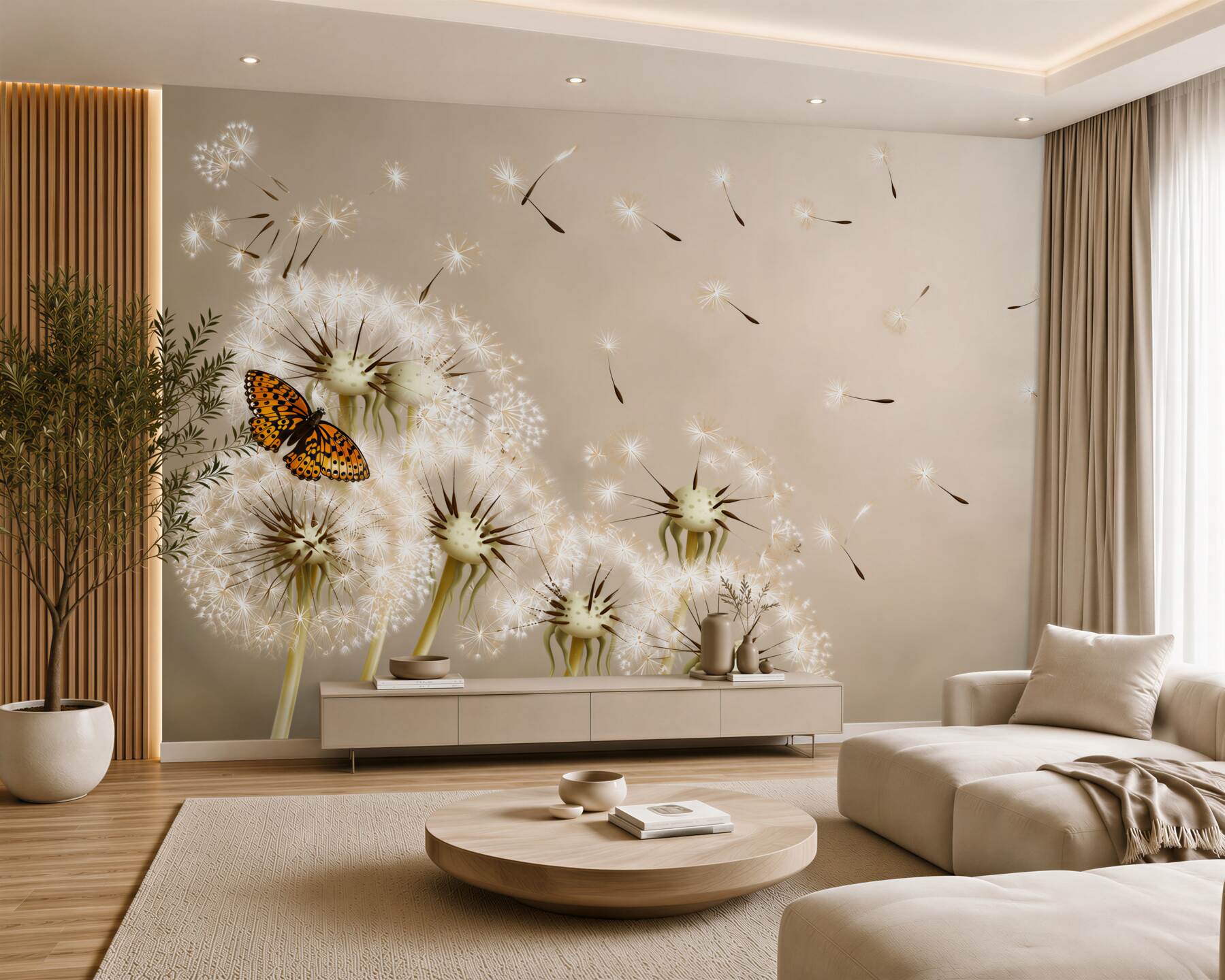 Papier peint papillon sur des pissenlits délicats