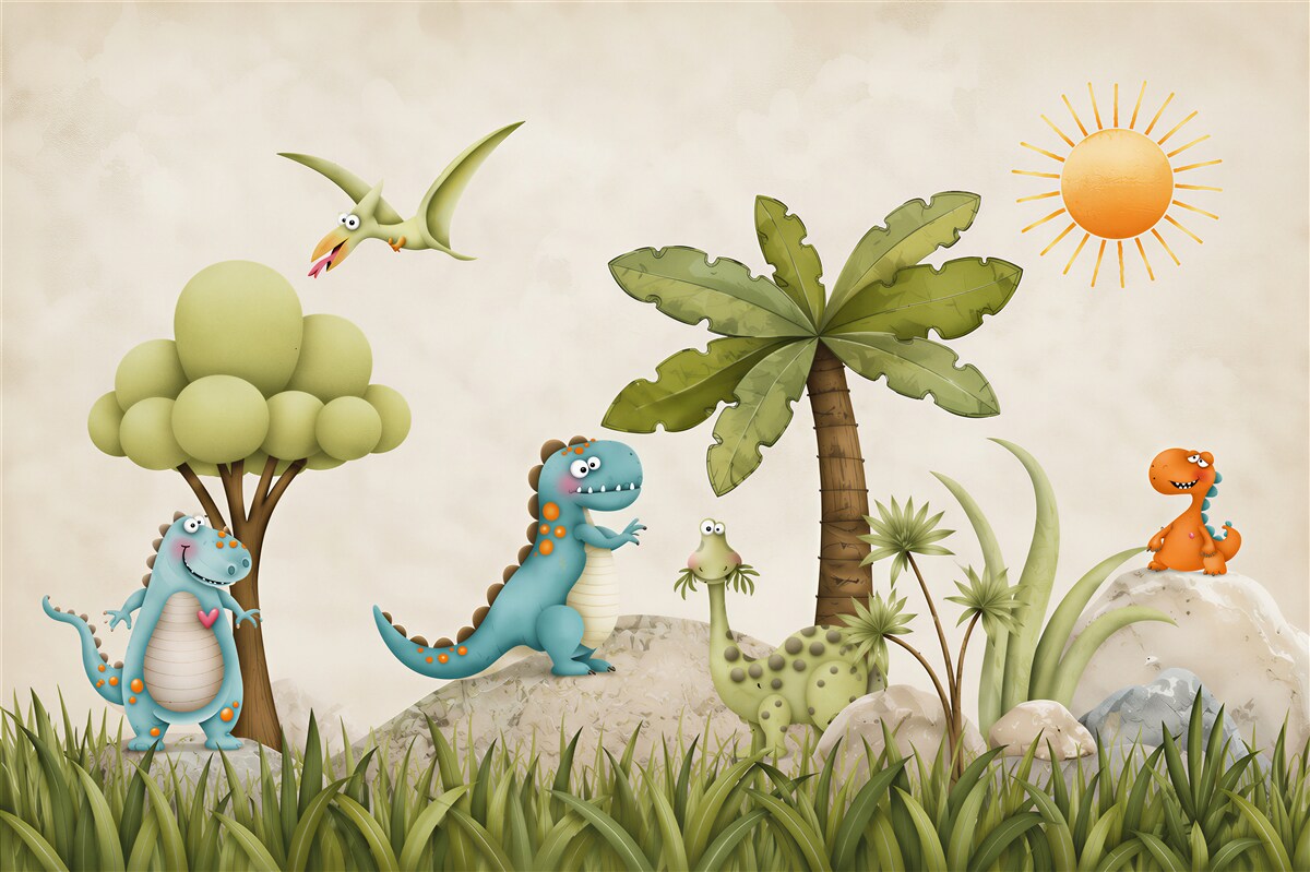 Papier peint dinosaures de dessin animé dans la forêt
