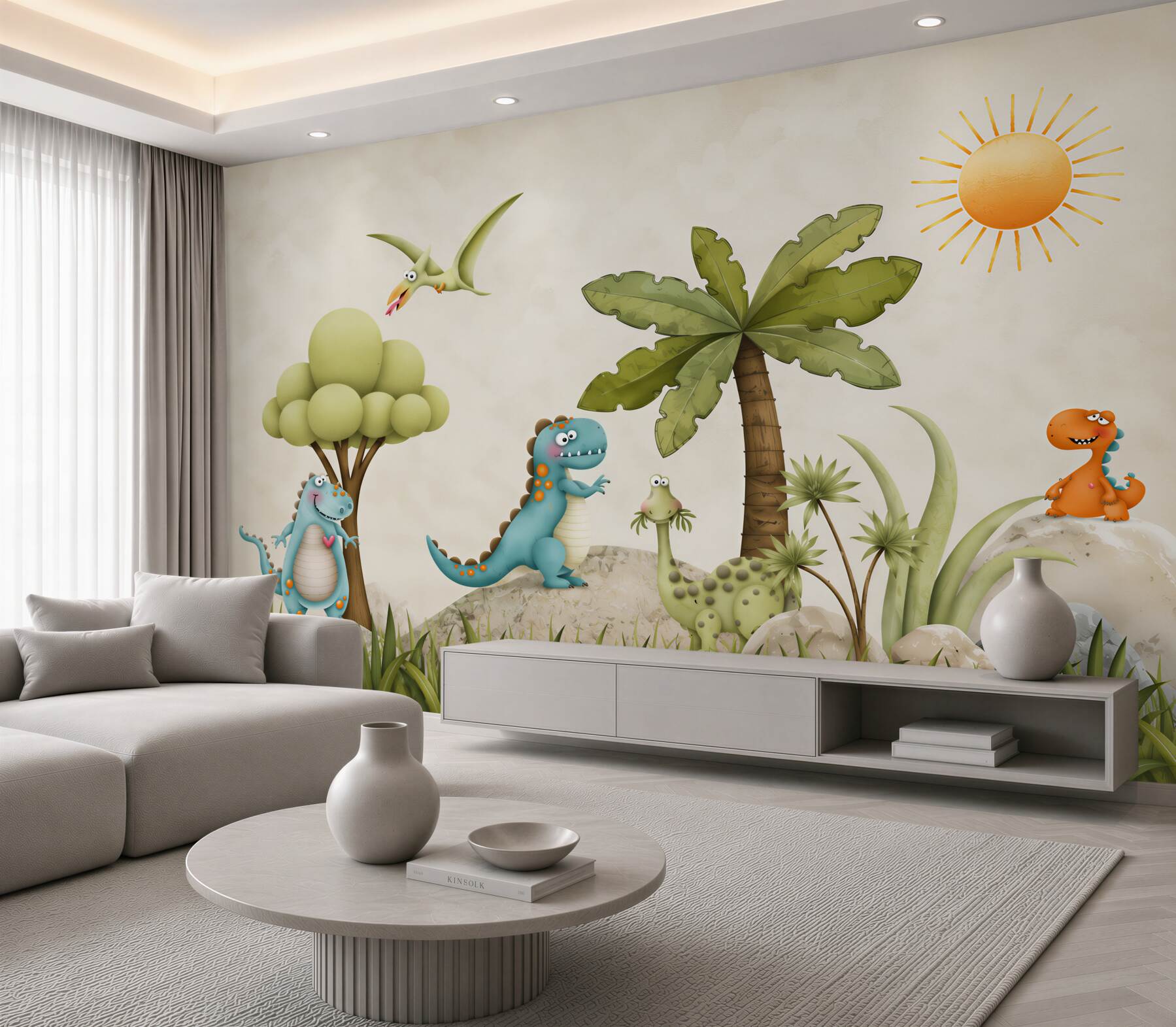 Papier peint dinosaures de dessin animé dans la forêt