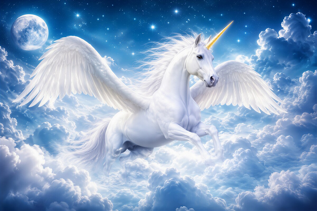 Papier peint licorne volant à travers les nuages