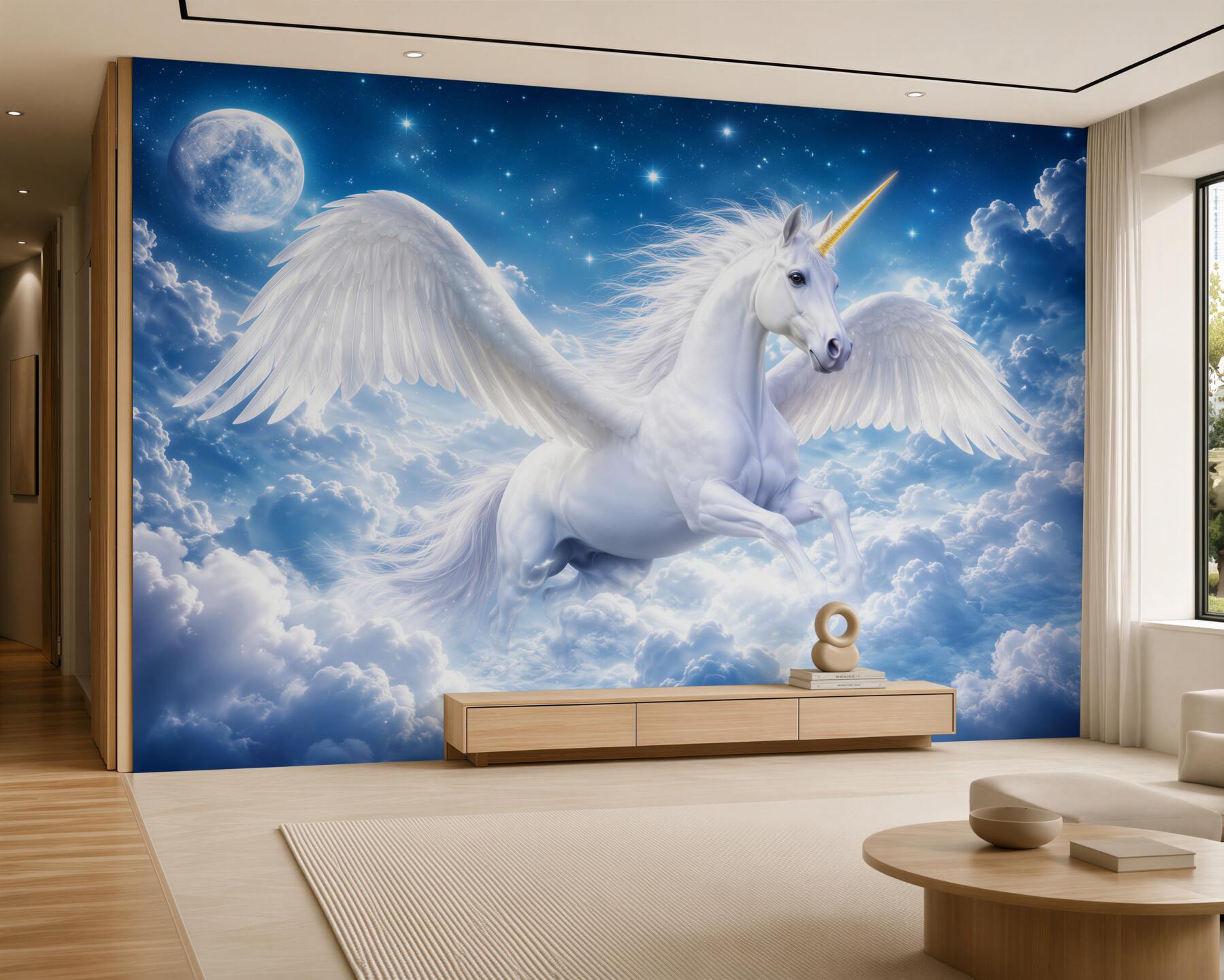 Papier peint licorne volant à travers les nuages