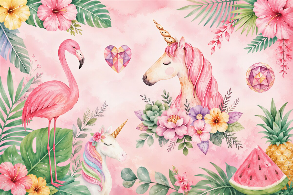 Papier peint flamant rose et licorne