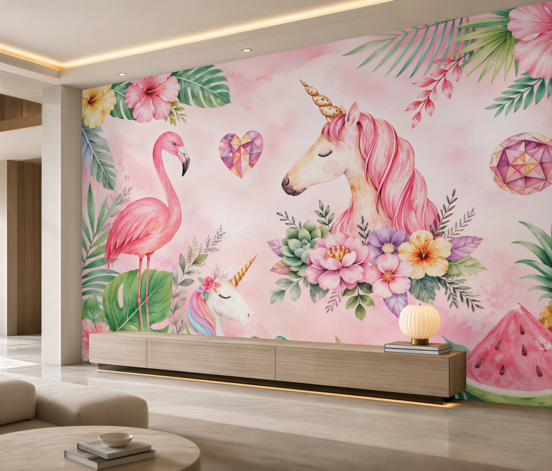 Papier peint flamant rose et licorne