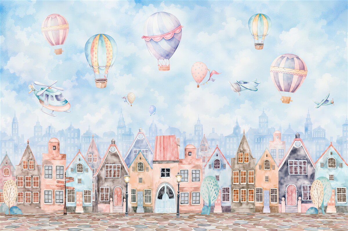 Papier peint ballons au-dessus de maisons colorées