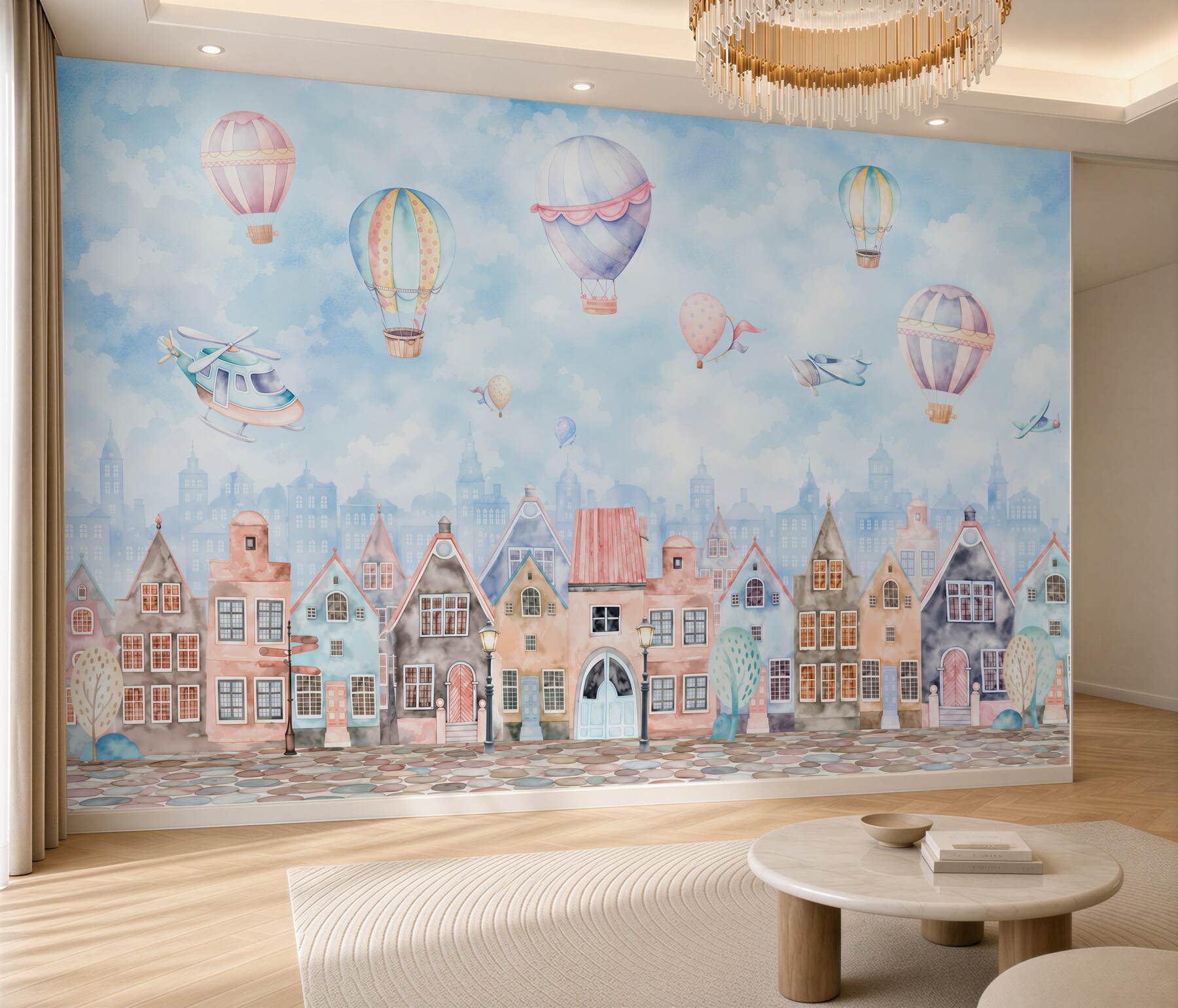 Papier peint ballons au-dessus de maisons colorées