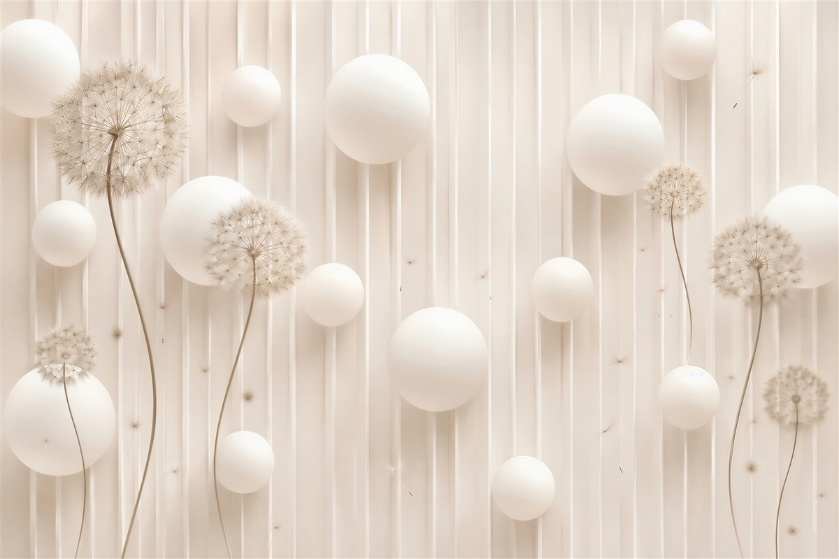 Papier peint pissenlit et boules rose clair