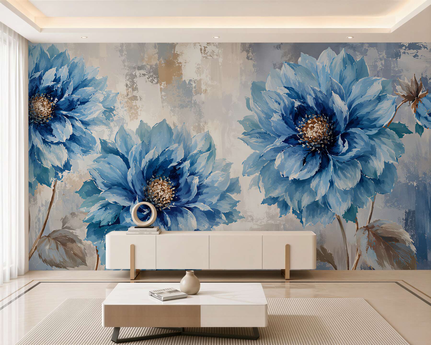 Papier peint grandes dahlias bleus