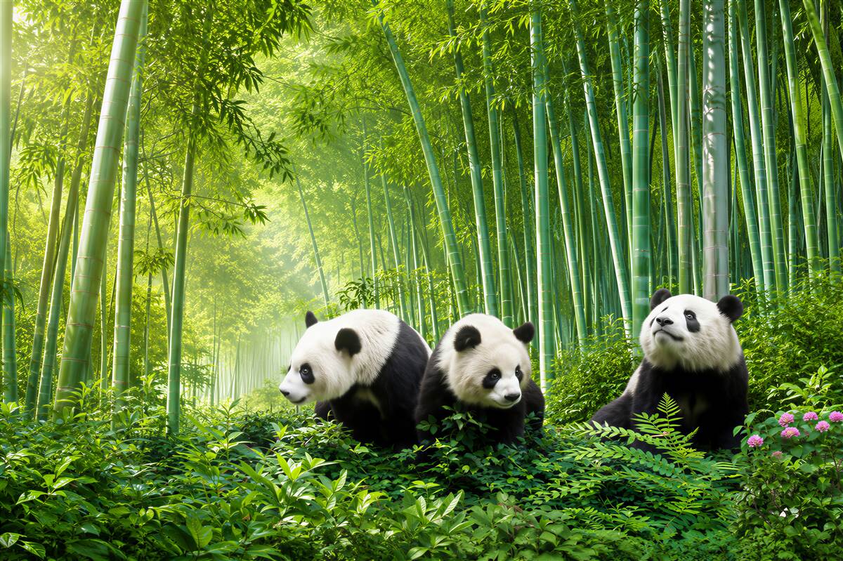 Papier peint trois pandas dans la forêt