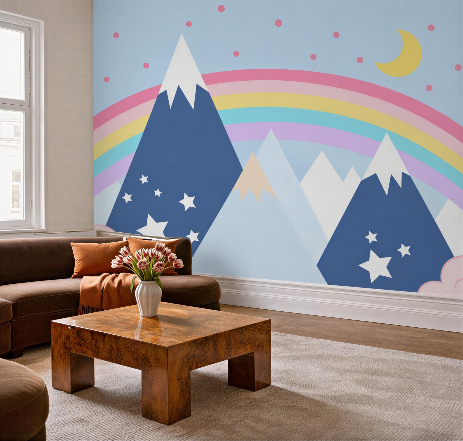 Papier peint montagnes bleues sur fond arc-en-ciel