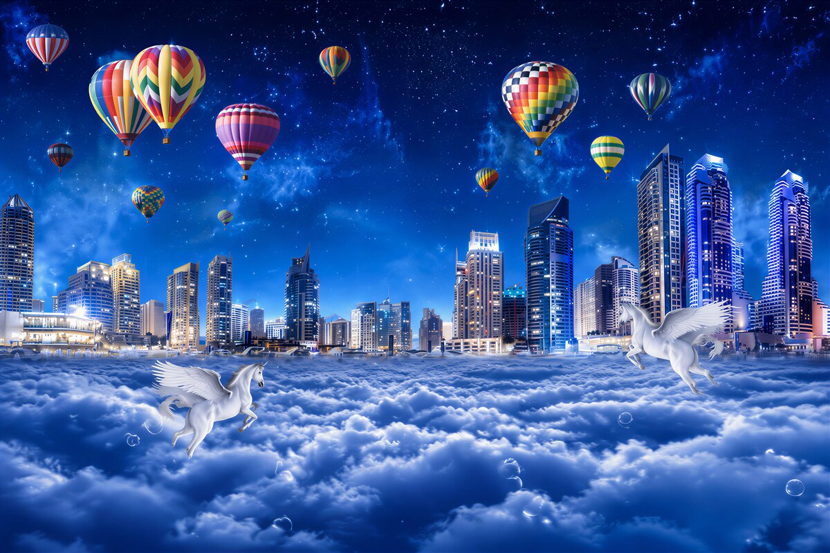 Papier peint ballons dans la ville nocturne